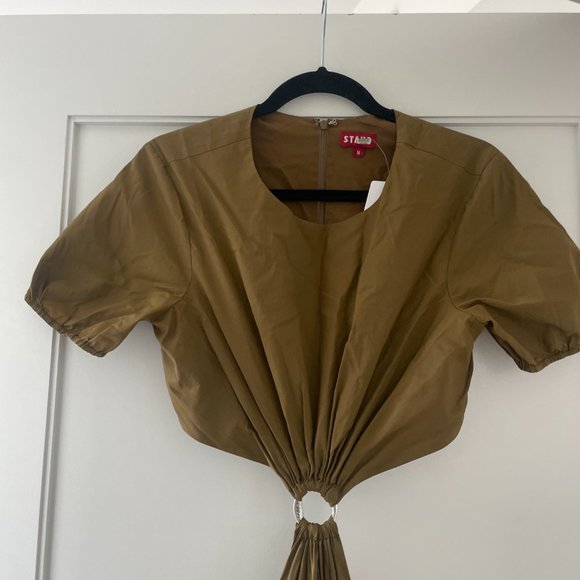 Staud Calypso Cut-out Waist Midi Dress Medium Caper Green Puff Short Sleeve - Picture 8 of 12